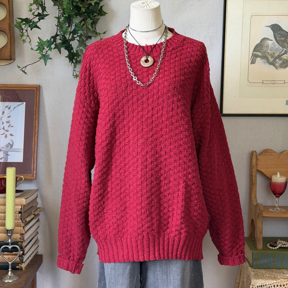 Red Basketweave Knit Cotton Sweater Oversized Vintage 90s Large Indie Grunge 90s
